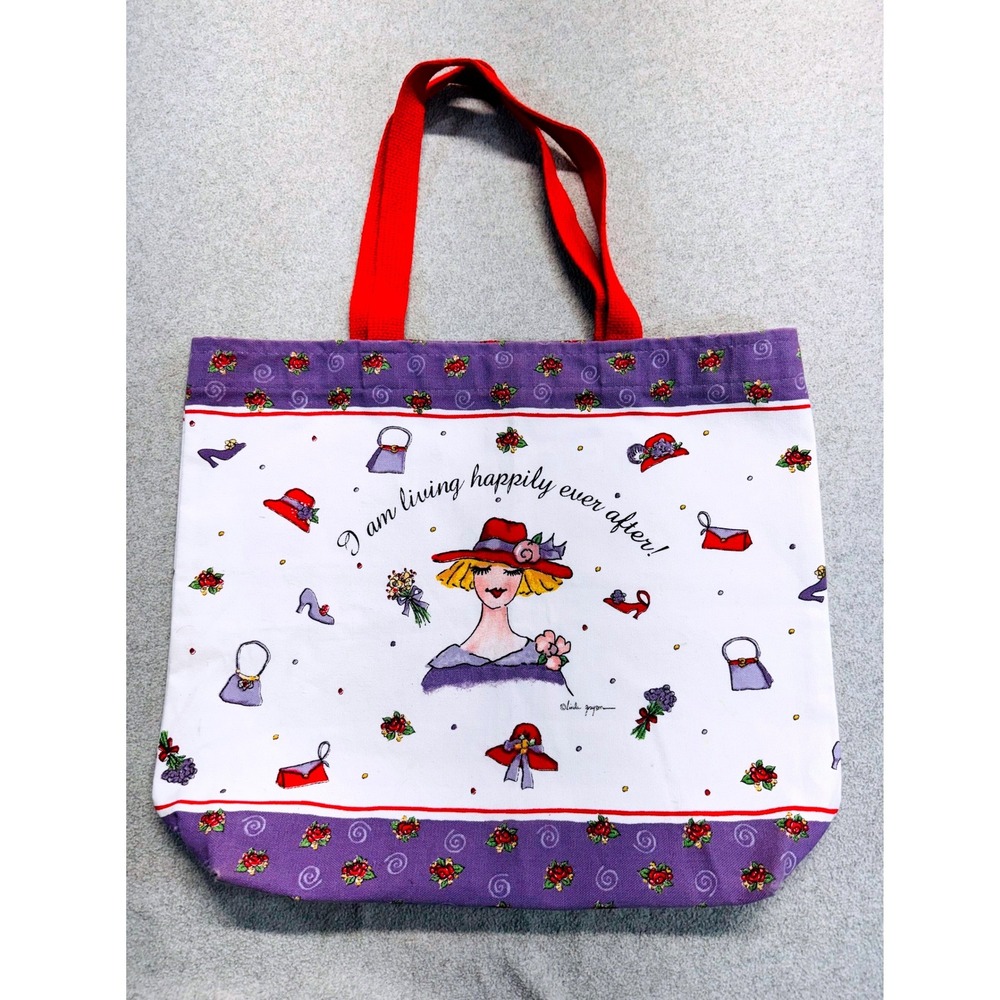 Linda Grayson "I Am Living Happily Ever After!" Cotton Tote Red Purple‎ Floral